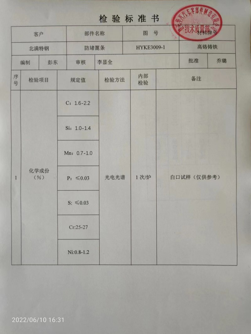 新型防堵篦条检验标准书